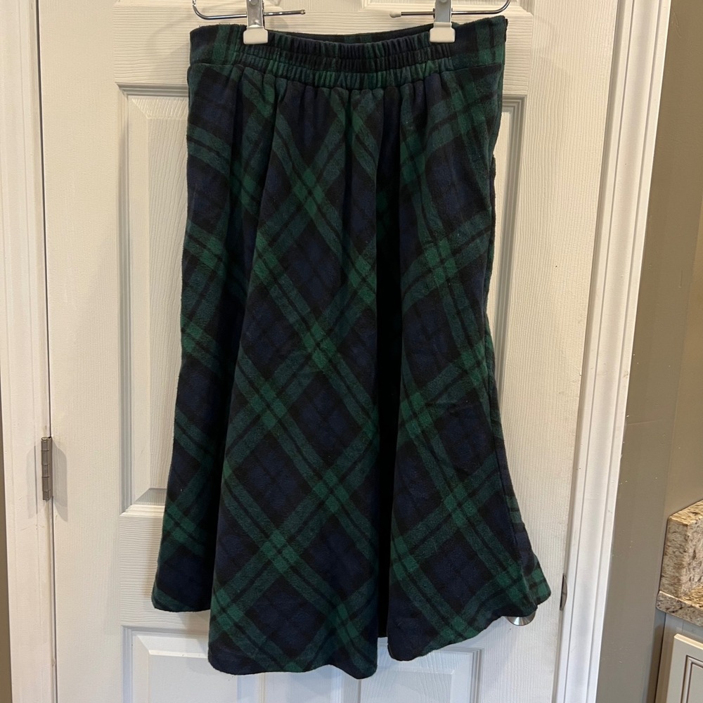 Green Navy Plaid Black Watch Midi Skirt XL Pockets Elastic Waist A-Line Fleece - Picture 6 of 12